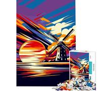 Rompecabezas de 1000 Piezas para Adolescentes Molino de Viento al Atardecer Juego de ingenio artístico WPAP Juguetes desafiantes Excelentes Regalos y decoración para el hogar (tamaño 38x52cm)
