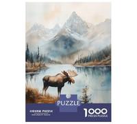 Rompecabezas De 1000 Piezas para Adolescentes Moose in Mountain Landscape Watercolor Rompecabezas para Adultos Juguete Decoración De Pared Decoración De Pared Juego Desafiante Regalos 70x50cm/1000pcs