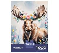 Rompecabezas De 1000 Piezas para Adolescentes Moose with Floral Crown Watercolor Rompecabezas para Adultos Juegos Relajantes Decoración del Hogar Juego Desafiante Regalos 38x26cm/1000pcs
