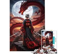 Rompecabezas de 1000 Piezas para Adolescentes Mujer samurái Frente a un dragón Rojo Diversión en casa Mejora la Memoria Juegos relajantes Apto para Mayores de 14 años (38x52cm)