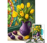 Rompecabezas de 1000 Piezas para Adolescentes Naturaleza Muerta (Tulipanes ciruelas vidrieras) Juguete Educativo Obra de Arte Regalo Corte de precisión (Tamaño 38x52cm)
