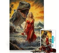 Rompecabezas de 1000 Piezas para Adolescentes Niña Hermosa y Dinosaurio en la Playa Juego Jugar Juntos,Juego cognitivo,Regalo,Juego Relajante,Actividad Divertida para cumpleaños 50x75cm