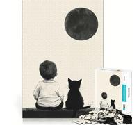 Rompecabezas de 1000 Piezas para Adolescentes Niño y Gato bajo la Luna Juego de lógica de Corte Suave Tiempo de Juego Relajante Regalo Ideal para cumpleaños y para Aficionados (38x26cm)