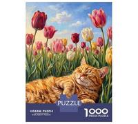 Rompecabezas De 1000 Piezas para Adolescentes Orange Cat Sleeping in Tulips Rompecabezas para Adultos Juegos Relajantes Decoración del Hogar Actividades Divertidas En Casa 52x38cm/1000pcs