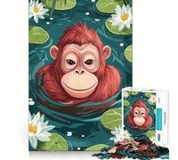 Rompecabezas de 1000 Piezas para Adolescentes Orangután de Dibujos Animados en un Estanque de nenúfares Juego de Ajuste preciso,diversión y Entretenimiento Arte de Pared navideño (50x75cm)