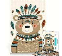 Rompecabezas de 1000 Piezas para Adolescentes Oso de Dibujos Animados con Tocado de Plumas,diseño artístico de Corte preciso,Regalo para el Desarrollo cognitivo,Tiempo de Juego Tranquilo,decoración