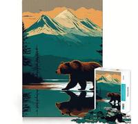 Rompecabezas de 1000 Piezas para Adolescentes Oso en Paisaje de Lago de montaña,Corte Suave,Arte,Juego Mental,Regalo,Tiempo de Juego,Navidad,Arte de Ocio (50x75cm)