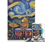 Rompecabezas de 1000 Piezas para Adolescentes: Oso Tocando la batería bajo una Noche Estrellada Juegos Divertidos para Disfrutar en casa Hermoso diseño 50x75cm