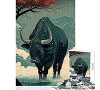Rompecabezas de 1000 Piezas para Adolescentes Ox Ukiyo E Japón China Juguetes antiestrés Obra de Arte Regalo Juego de ingenio con póster a Juego y Hoja de Trivia tamaño 38x52cm