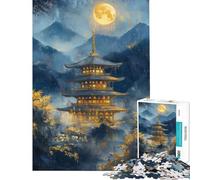 Rompecabezas de 1000 Piezas para Adolescentes Pagoda Japonesa bajo la Luna Llena Rompecabezas para Adultos Juegos relajantes Regalos para Mujeres cumpleaños y Navidad (38x26cm)