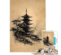 Rompecabezas de 1000 Piezas para Adolescentes Pagoda Japonesa boceto a Tinta Juego Educativo desafío Juguete práctico decoración Perfecta Regalo de cumpleaños tamaño 38x26cm