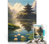 Rompecabezas de 1000 Piezas para Adolescentes Paisaje Anime lo-fi de una Serena Pagoda Junto al Lago Juegos Divertidos Ideas de Regalos 52x38cm