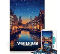 Rompecabezas de 1000 Piezas para Adolescentes Paisaje Nocturno de Ámsterdam,Países Bajos Arte de Bordes precisos Juguete para Entrenar la Mente Juego para Pasar un rato Agradable Decoración navideña