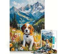 Rompecabezas de 1000 Piezas para Adolescentes Perro Beagle en una Pradera de montaña,Pintura,Arte de Corte Suave,Juego Mental,Regalo,Tiempo de Juego Relajante,Navidad,Arte de Ocio (38x26cm)
