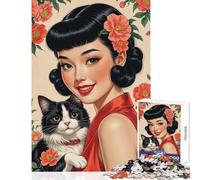 Rompecabezas de 1000 Piezas para Adolescentes Pin-up asiática con Gato y Flores Rojas Rompecabezas de 1000 Piezas Juegos relajantes Gran Regalo para Juegos y decoración del hogar (38x52cm)
