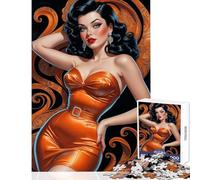 Rompecabezas de 1000 Piezas para Adolescentes: Pin-up Morena con Vestido Naranja Juguete para Decorar la Pared Regalo de cumpleaños Juego práctico con Piezas de Formas aleatorias Totalmente