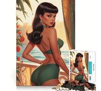 Rompecabezas de 1000 Piezas para Adolescentes Pin-up Morena en Bikini Verde,Corte Premium,diversión,concentración,Juego fácil,Tiempo de Juego,decoración navideña (38x52cm)