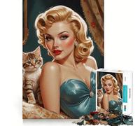 Rompecabezas de 1000 Piezas para Adolescentes Pin-up Rubia con Gatito Adorable,diseño de Bordes precisos,Juego de lógica,diversión Tranquila,Regalo de Arte navideño 38x26cm
