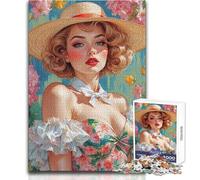 Rompecabezas de 1000 Piezas para Adolescentes: Pin-up Rubia con Vestido Floral y Sombrero de Paja Juego Familiar difícil y desafiante Apto para Mayores de 14 años (tamaño 38x52cm)