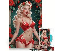 Rompecabezas de 1000 Piezas para Adolescentes Pin-up Rubia en Bikini Floral Rojo Arte de Bordes precisos,Juego de lógica,diversión Tranquila,Regalo artístico de Navidad 38x52cm
