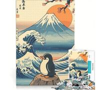Rompecabezas de 1000 Piezas para Adolescentes Pingüino y Monte Fuji Estilo Ukiyo-e Juego Imposible interacción Entre Padres e Hijos cumpleaños 50x75cm