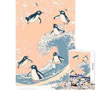 Rompecabezas de 1000 Piezas para Adolescentes pingüinos surfeando Olas Juguetes antiestrés Regalo de cumpleaños Juego de ingenio con póster a Juego y Hoja de Trivia tamaño 38x52cm