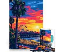 Rompecabezas de 1000 Piezas para Adolescentes Playa de California,Muelle,Puesta de Sol,Ilustración Abstracta Minimalista,Arte de Corte nítido,Regalo cognitivo,Tiempo de Juego Tranquilo,Regalo de