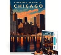 Rompecabezas de 1000 Piezas para Adolescentes Póster de Viaje con el Horizonte de Chicago al Atardecer,Arte de Corte Limpio,Rompecabezas de lógica,Juego de Ocio,Regalo de cumpleaños (50x75cm)
