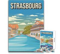 Rompecabezas de 1000 Piezas para Adolescentes, póster de Viaje de Estrasburgo, Francia - Petite France - Canal, Noche de Juegos y diversión Familiar, desafío difícil, Gran Regalo, tamaño 38x26cm