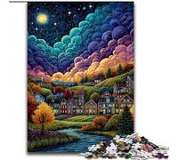 Rompecabezas de 1000 Piezas para Adolescentes Pueblo bajo el Cielo Nocturno, un Juego desafiante y Familiar con Piezas Completamente entrelazadas de Formas aleatorias de 38x26cm