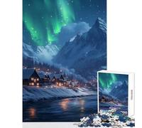 Rompecabezas de 1000 Piezas para Adolescentes Pueblo nevado bajo la Aurora Boreal decoración del hogar Juguetes Obras de Arte Regalo Juegos Divertidos Entrena tu Cerebro y Tus Manos tamaño 50x75cm