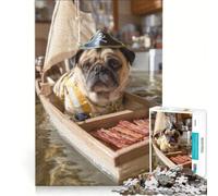 Rompecabezas de 1000 Piezas para Adolescentes Pug Pirata navegando con Tocino Juego práctico Mejora la Memoria cumpleaños y Navidad 38x26cm