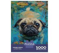 Rompecabezas De 1000 Piezas para Adolescentes Pug Swimming in Water Lilies Rompecabezas para Adultos Juego De Ingenio Decoración Ayuda A Ejercitar El Cerebro 38x26cm/1000pcs
