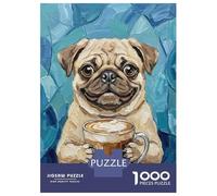 Rompecabezas De 1000 Piezas para Adolescentes Pug with Coffee Rompecabezas para Adultos Juego De Ingenio Decoración Ayuda A Ejercitar El Cerebro 52x38cm/1000pcs