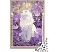 Rompecabezas De 1000 Piezas para Adolescentes Purple Floral Cat Art Print Rompecabezas para Adultos Juego Familiar Desafío Difícil Interacción Entre Padres E Hijos 38x26cm/1000pcs