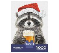 Rompecabezas De 1000 Piezas para Adolescentes Raccoon in Santa Hat with Beer Rompecabezas para Adultos Juegos Relajantes Que Mejoran La Memoria Regalos para Reducir El Estrés 70x50cm/1000pcs