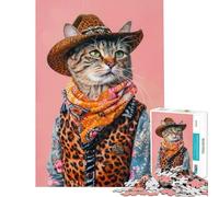 Rompecabezas de 1000 Piezas para Adolescentes Retrato de Gato Vaquero Estampado artístico de Moda Animal Juguetes educativos y prácticos para divertirse en Familia Ideas de Regalos (tamaño 38x26cm)