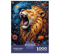 Rompecabezas De 1000 Piezas para Adolescentes Roaring Lion with Floral and Celestial Background Rompecabezas para Adultos Juego De Ingenio Decoración Ayuda A Ejercitar El Cerebro 52x38cm/1000