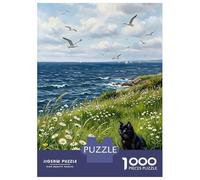 Rompecabezas De 1000 Piezas para Adolescentes Rompecabezas Black Cat in A Field of Daisies by The Sea Rompecabezas Juego De Ingenio Mejora La Memoria Difícil Y Desafiante 70x50cm/1000pcs
