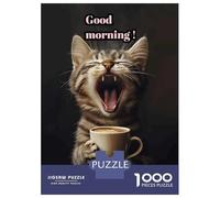 Rompecabezas De 1000 Piezas para Adolescentes Rompecabezas Good Morning Cat with Coffee Rompecabezas Juegos Familiares Carrera De Velocidad Manual Regalos De Cumpleaños Y Únicos 38x26cm/1000pcs