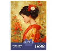 Rompecabezas De 1000 Piezas para Adolescentes Rompecabezas Japanese Woman with Flowers Painting Rompecabezas Juegos Relajantes Una Obra De Arte Cumpleaños 38x26cm/1000pcs