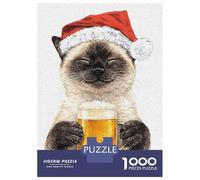 Rompecabezas De 1000 Piezas para Adolescentes Rompecabezas Siamese Cat in Santa Hat with Beer Rompecabezas Juego De Ingenio Mejora La Memoria Difícil Y Desafiante 52x38cm/1000pcs