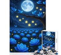 Rompecabezas de 1000 Piezas para Adolescentes: Rosas Azules pájaros Luna y Estrellas Juguete Educativo Regalo de Amigo Secreto Juego Educativo colección de Artistas Bellas Artes tamaño 38x26cm
