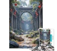 Rompecabezas de 1000 Piezas para Adolescentes Ruinas de un Templo asiático Cubierto de vegetación con faroles Rompecabezas para Adultos Juego de ingenio Corte de precisión Difícil y desafiante