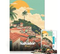 Rompecabezas de 1000 Piezas para Adolescentes Salvador,Brasil Ilustración de Paisaje Urbano Arte de Corte Fino Lógica Juguete Divertido Tiempo Acogedor Juego Decoración navideña para Pared (38x52cm)