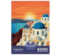 Rompecabezas De 1000 Piezas para Adolescentes Santorini Sunset Illustration Rompecabezas para Adultos Juego Práctico Montaje De Patrones Diversión En Casa Actividades, 38x26cm/1000pcs
