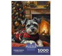 Rompecabezas De 1000 Piezas para Adolescentes Schnauzer in Christmas Sweater by Fireplace Cozy Christmas Dog Art Rompecabezas para Adultos Juego Práctico Decoración del Hogar Cump