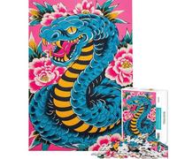 Rompecabezas de 1000 Piezas para Adolescentes Serpiente Azul y Flores Rosas Rompecabezas artístico para Adultos Juego de ingenio Corte de precisión Difícil y desafiante (Tamaño 38x52cm)