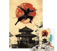 Rompecabezas de 1000 Piezas para Adolescentes Silueta de Ninja con Templo japonés Diversión en casa Juego de ensamblaje y relajación para Mayores de 14 años 38x52cm