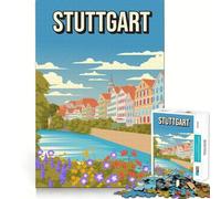 Rompecabezas de 1000 piezas para adolescentes Stuttgart Alemania Póster de viaje vintage Ilustración de flores de río Ajuste ceñido Juego Concentración Diversión Juego Ocio Diversión de pared navideño